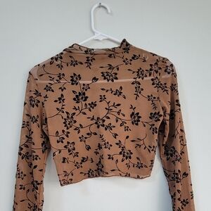 Dazy Sheer Brown Velvet Floral Crop Top Women's Size L Goth Fairy Grunge Whimsy